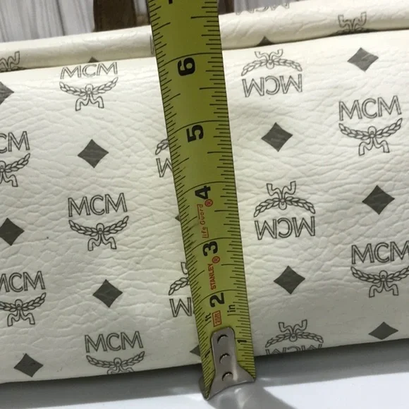 MCM Tote Bag White Logo Visetos Canvas Leather Trim Shoulder Bag - Picture 14 of 16